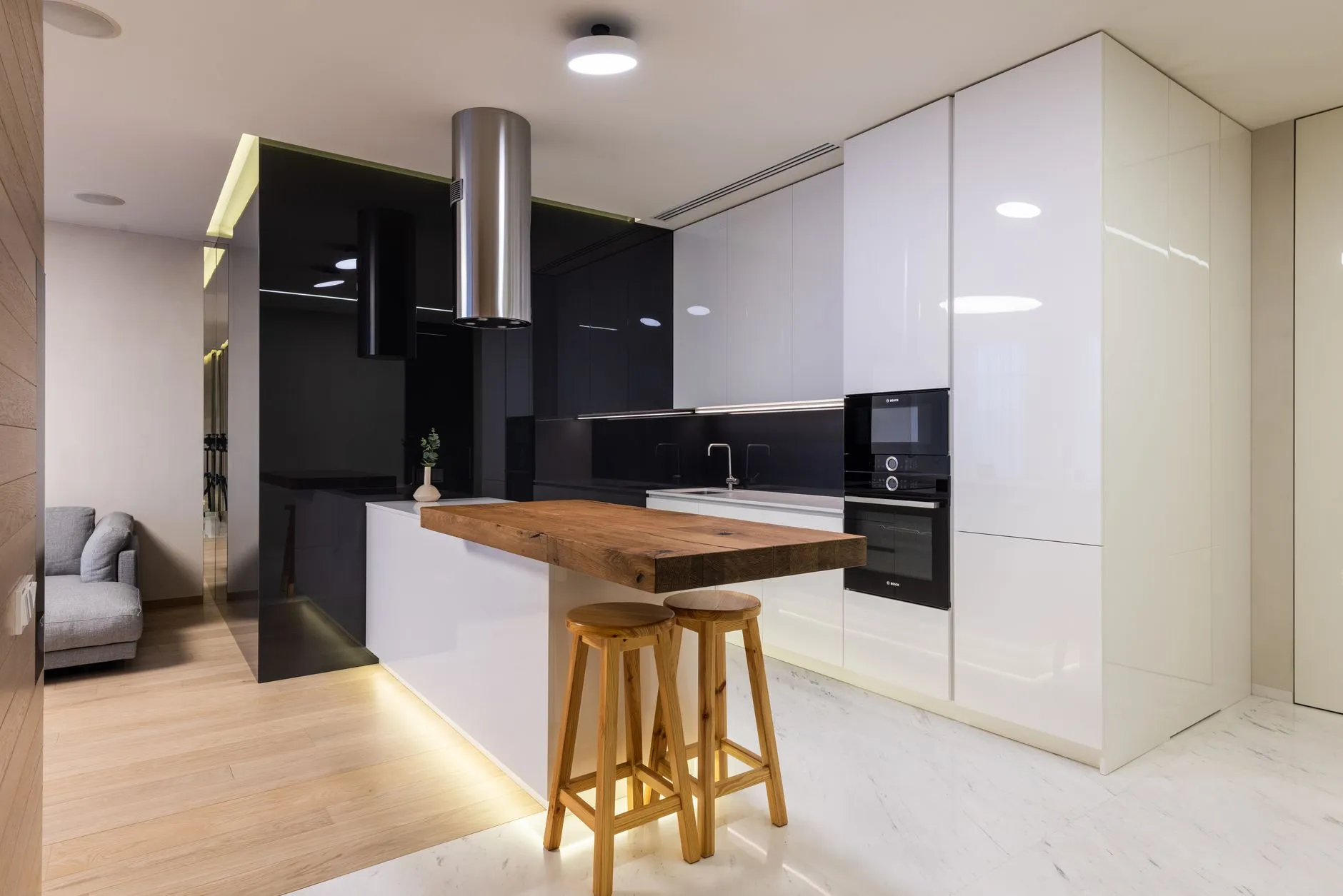 Interior of a kitchen with modern furniture and appliances