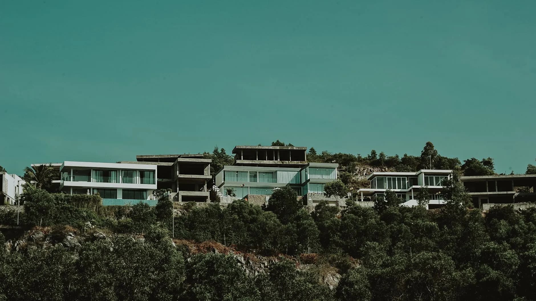Low-rise buildings among green trees